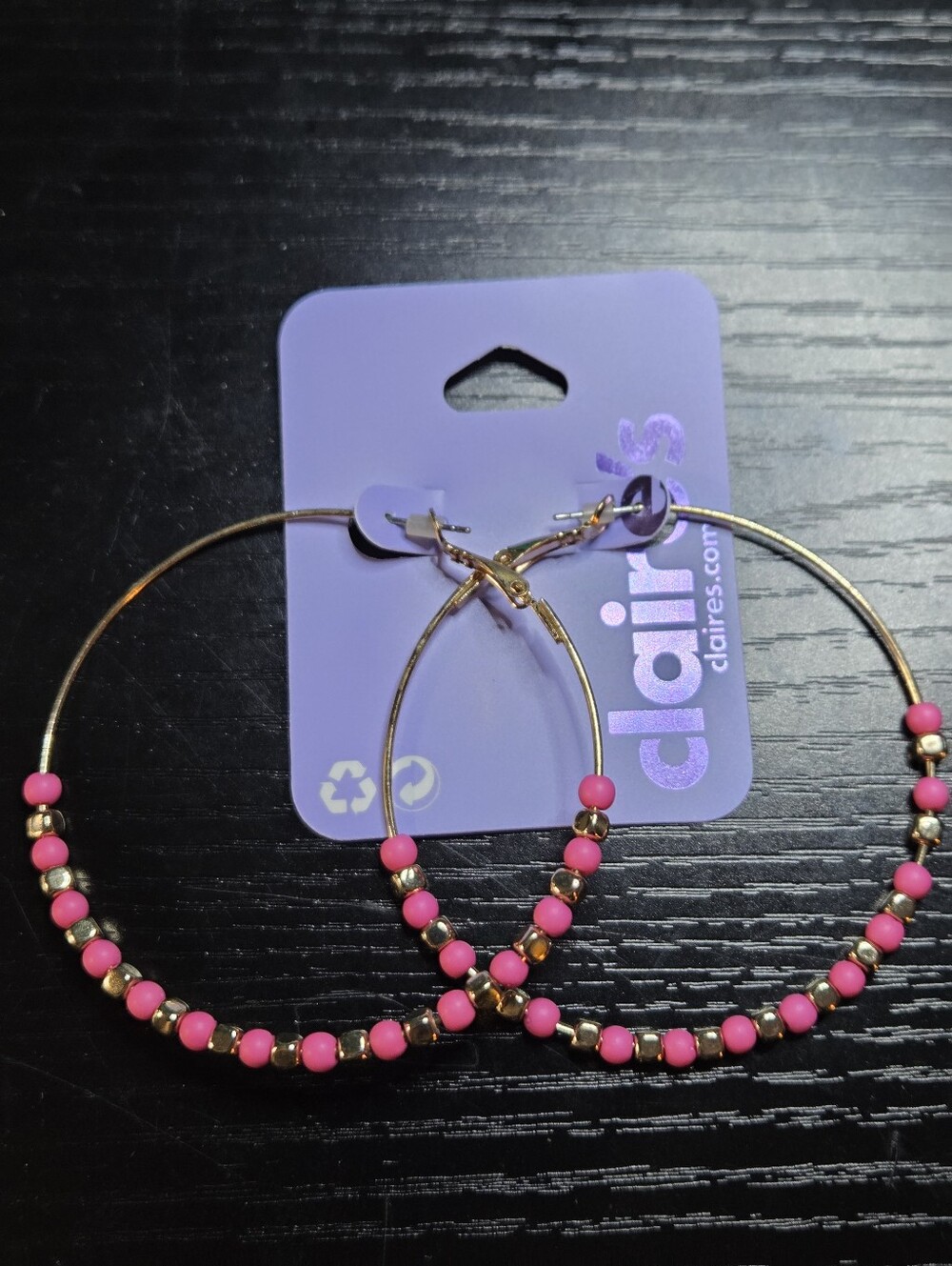 Claire's Gold Hoop Earrings with Pink Beads